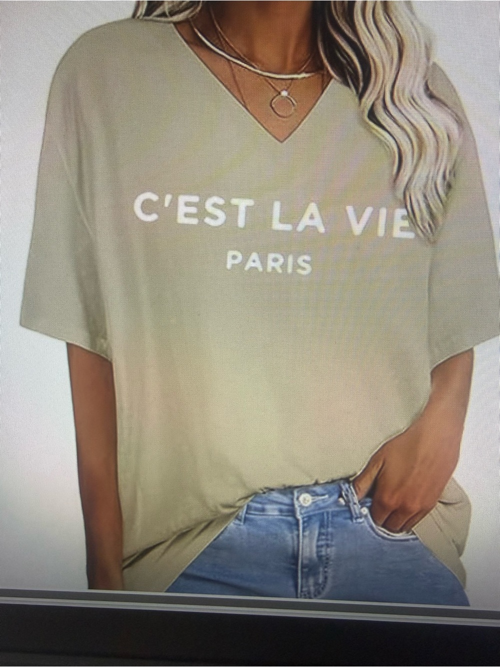 ZOYAMI Beige V-Neck Tee with "C'EST LA VIE PARIS" Print - oversized runs big